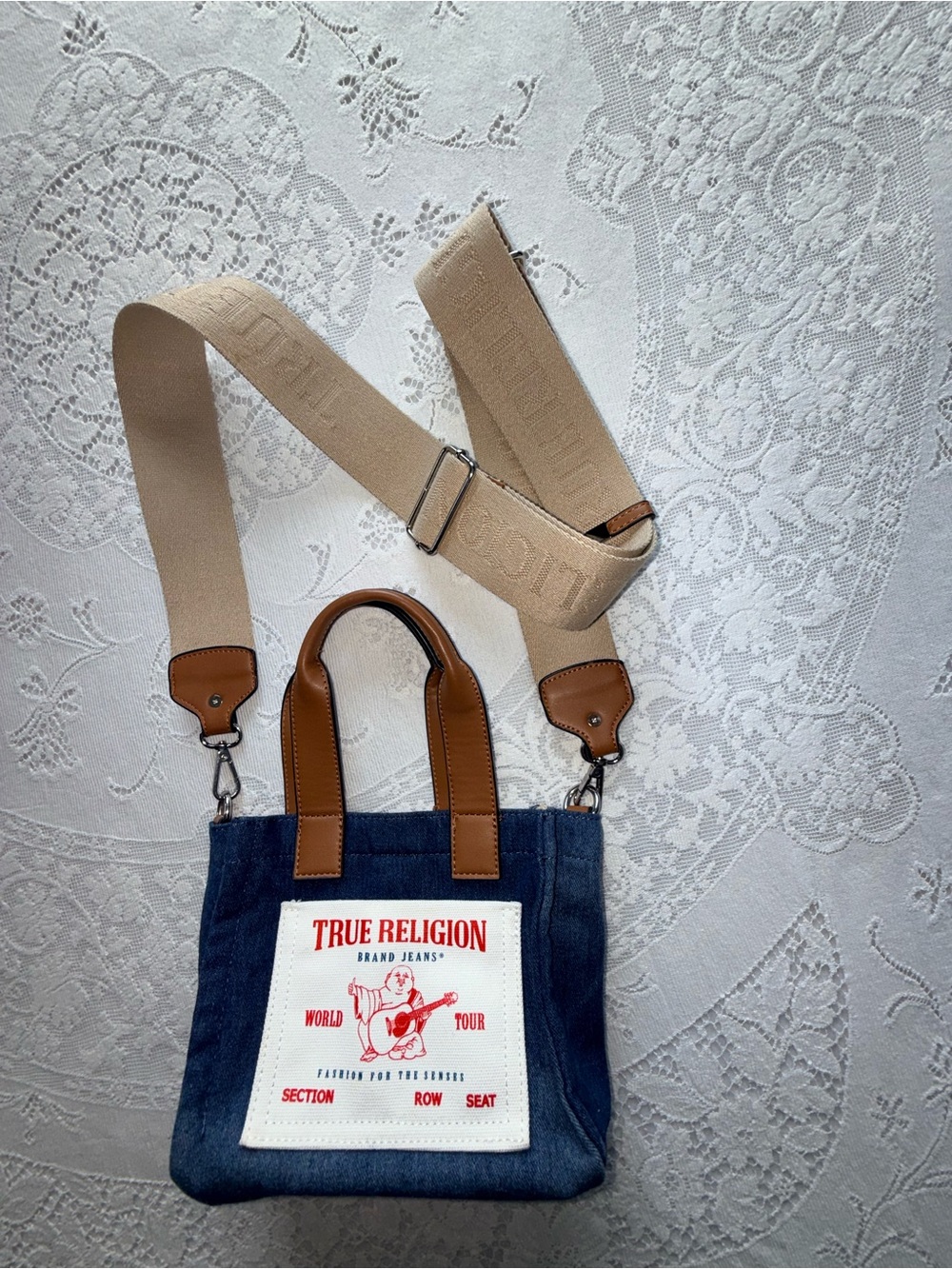 True Religion Denim Mini Tote Bag Canvas Crossbody purse wide removable strap